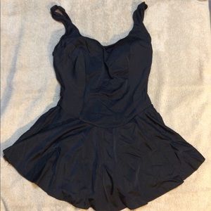 Black one piece swim suite with skirt